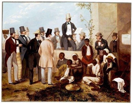 Enslaved people on the auction block as buyers bid